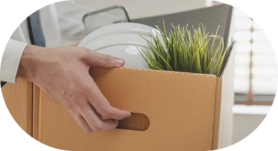 Main tenant un carton de déménagement contenant une plante d'intérieur, symbolisant le déménagement, l'emballage et le processus organisé de déménagement.